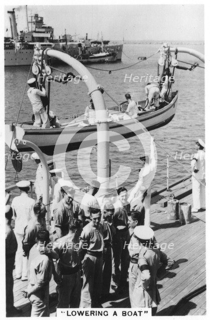 Lowering a boat, HMS 'Devonshire', 1937. Artist: Unknown