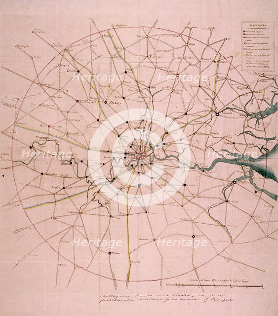 Military map of a thirty six mile area around London, c1804. Artist: Anon