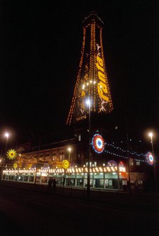 Blackpool Tower lit up by night, Blackpool, 1999. Artist: P Williams