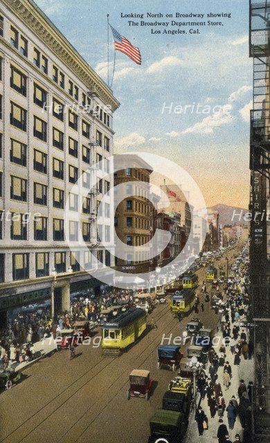 Looking North on Broadway showing the Broadway Department Store, Los Angeles, California. Artist: Unknown