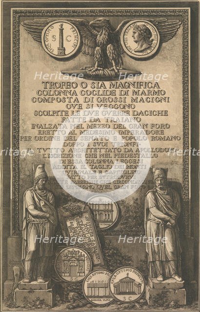 Title page with eagle, coin showing image of Trajan's Column, classical sculptures, 1774-79. Creator: Giovanni Battista Piranesi.