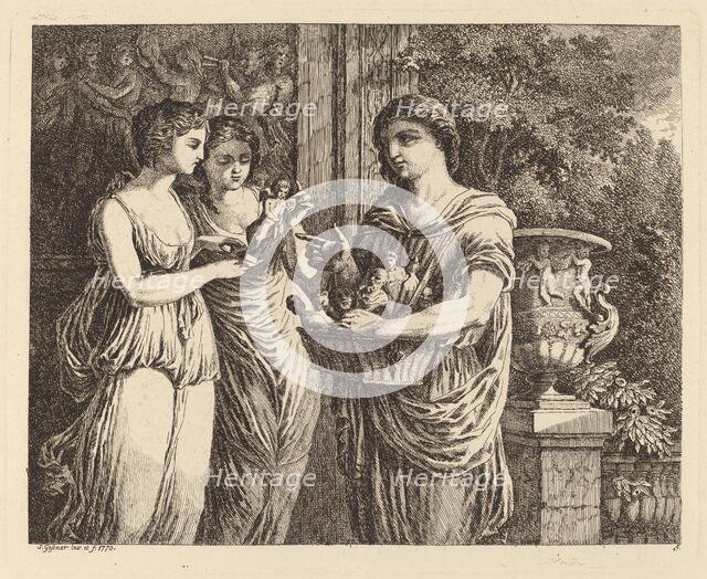 Figurine Seller with Two Girls, 1770. Creator: Salomon Gessner.