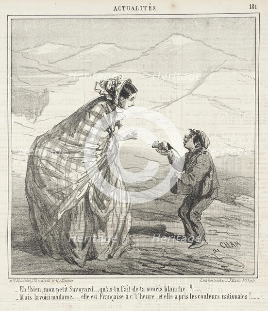 Eh! bien, mon petit Savoyard, qu'as tu fait de ta sourie blanche?...-Mais la voici Madame..., 1860. Creator: Cham.