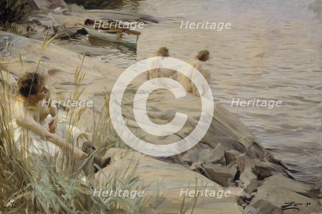 Girls Bathing in the Open Air (Out of Doors); Bathing Girls, Outside; Outdoors, 1890. Creator: Anders Leonard Zorn.