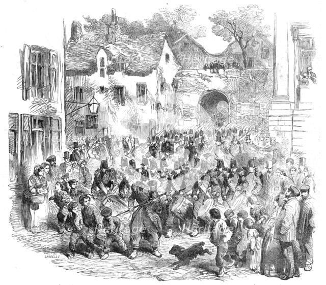 The 5th (French) Regiment of the Line passing through the Porte des Dunes, on their way to..., 1854. Creator: Ebenezer Landells.