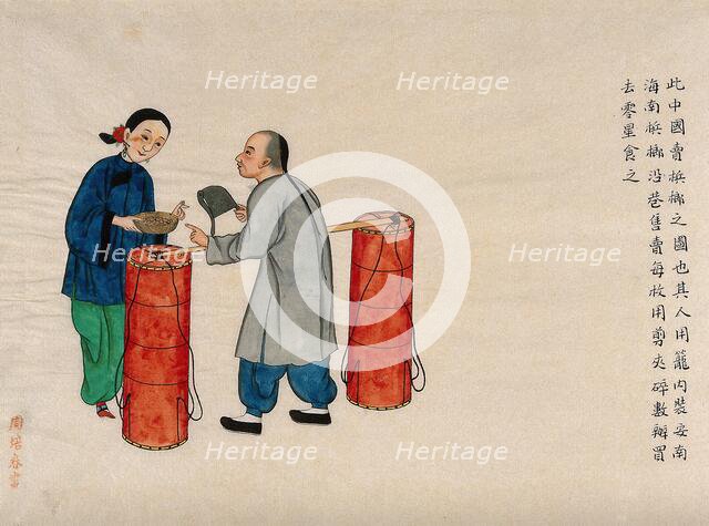 A betel (areca) nut seller, being paid by a woman customer, 1890. Creator: Pei Qun Zhou.