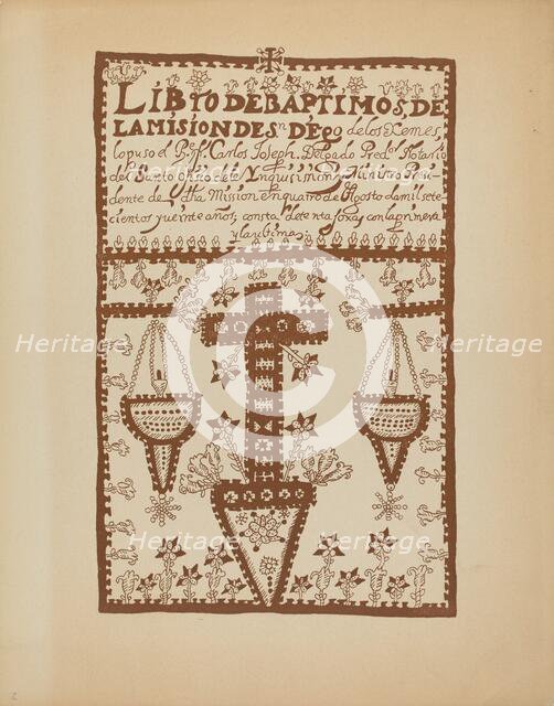 Plate 2: Jemez Book of Baptisms: From Portfolio "Spanish Colonial Designs of New Mexico", 1935/1942. Creator: Unknown.