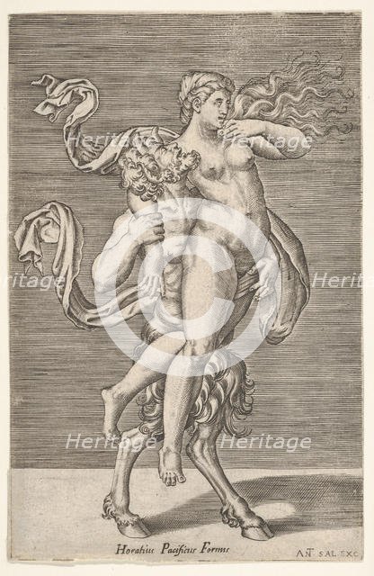 Satyr carrying a nymph, whose right arm is wrapped around the satyr's neck, with a ..., ca. 1505-62. Creator: Antonio Salamanca.