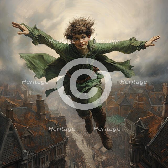 AI IMAGE - Portrait of Peter Pan flying over houses, 2023. Creator: Heritage Images.