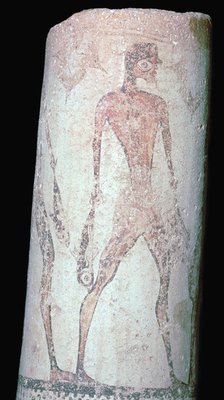 Painted Cycladic pottery of a man carrying fish. Artist: Unknown