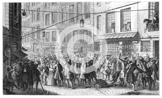 Quincampoix Street, Paris, 1718, (1885).Artist: Gaspard Duchange