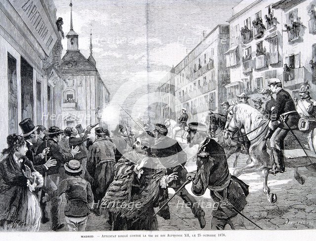 Attack in Madrid against King Alphonse XII. 25 Oct. 1878, engraving in the 'Illustration'.