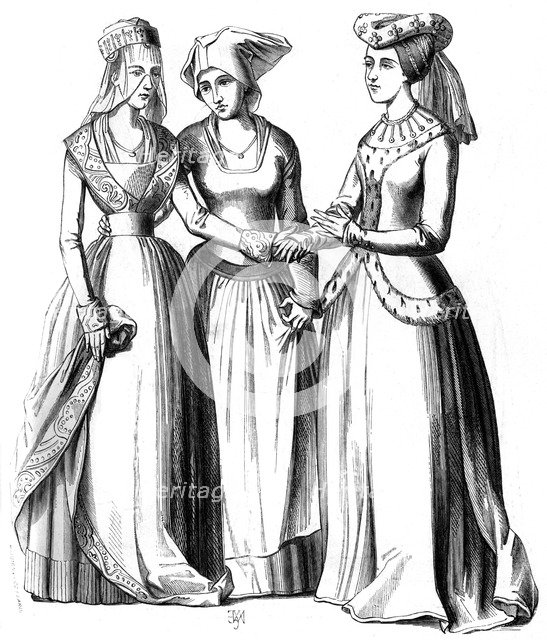 A bourgeoise, a peasant and a noble women, 14th century (1849).Artist: A Bisson