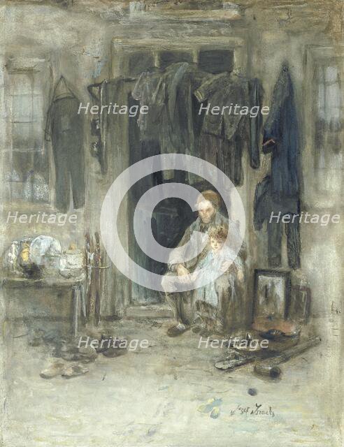 Jewish rag merchant and his daughter outside their house, c. 1888. Creator: Jozef Israels.