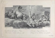 Plate 34: Auriga, the charioteer, falls from the chariot at center, with three horses at l..., 1756. Creators: Bartolomeo Crivellari, Sebastiano Gamma.