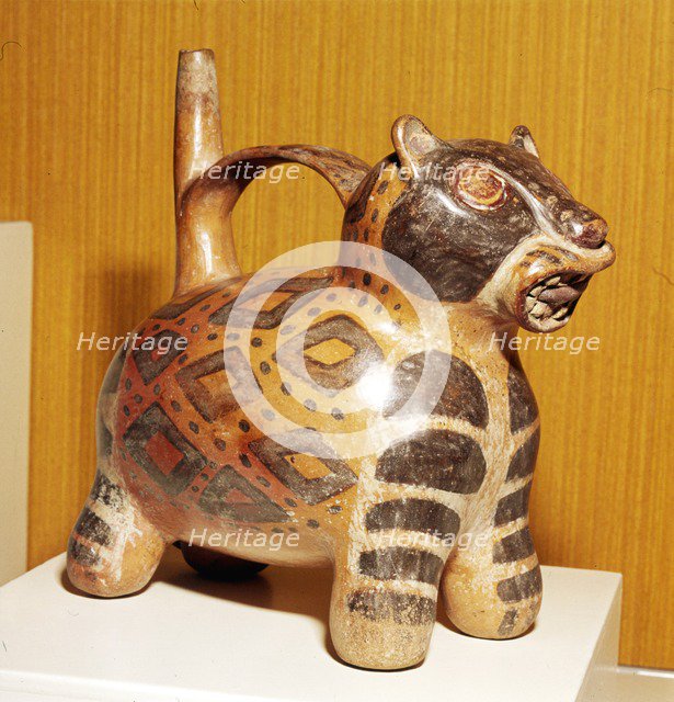Painted pottery Bridge and Spout vessel in the form of a Jaguar, Tiahuanaco, Peru, 100-600.  Artist: Unknown.