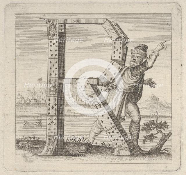 The letter R, constructed from a court pack of playing cards, stands on a riva (ri..., 18th century. Creator: Anon.