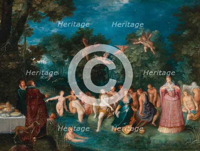 Diana and her nymphs bathing, with a stag hunt in the background, ca 1606. Creator: Francken, Frans, the Younger (1581-1642).