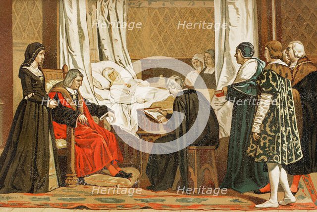 Queen Isabella the Catholic dictating her will, 1504, (1890). Creator: Unknown.