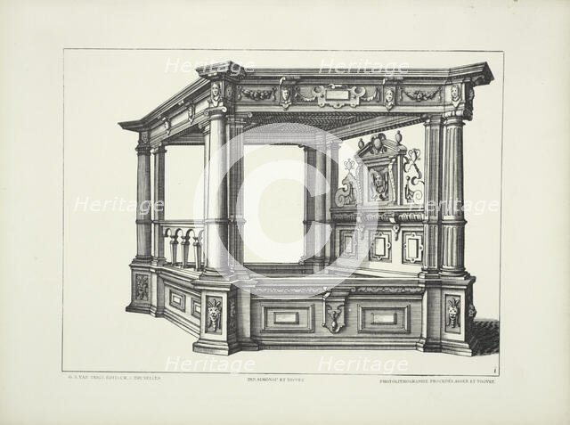 Design for elaborate four-poster bed with multiple columns at each corner, c1869. Creator: Unknown.