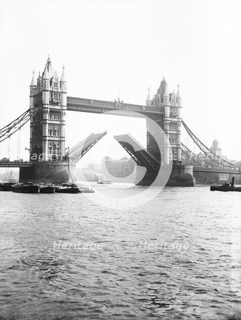 Tower Bridge with bascules open, London, c1905. Artist: Unknown