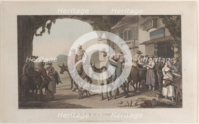 Pleasures of a Poste Aux Ânes, from "Journal of Sentimental Travels in the Southern Provin..., 1821. Creator: Thomas Rowlandson.