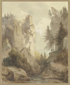 A burning castle on a rock, mid-late 19th century. Creator: Caspar Scheuren.