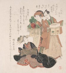 Actor Nakamura Utayemon with Two Women Preparing for the New Year Ceremony, 19th century. Creator: Utagawa Toyokuni I.