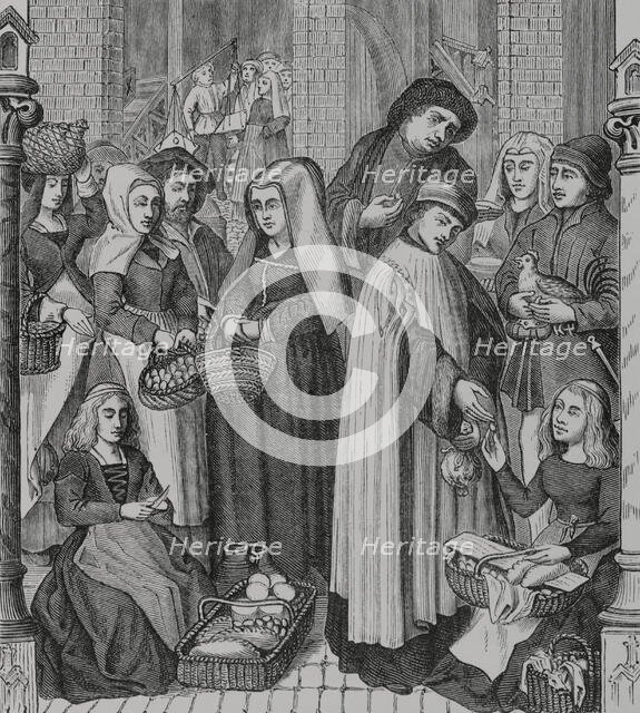 Chapter right on markets and food stalls - Toll on market, levied by a cleric, 15th century (1878). Creator: Unknown.