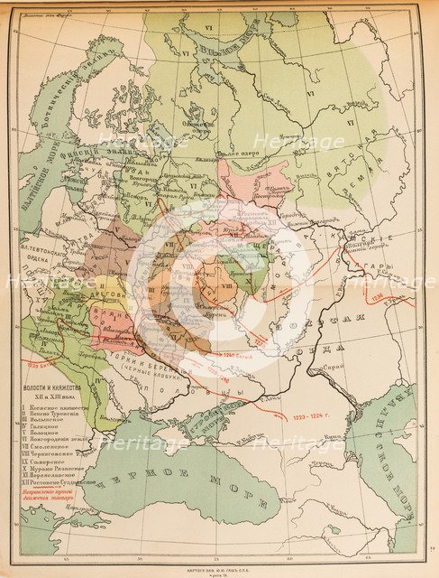 Map of the volosts and principalities in the 12th and 13th century, 1914.