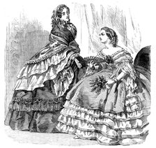 Fashions for August - Promenade or Carriage Costume, and Ball Dress, 1858. Creator: Unknown.