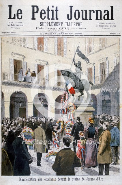 The laying of wreaths by students at the statue of Joan of Arc, Paris, 1894. Artist: Unknown