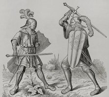 Knights wearing full armour, late 15th century (1877).  Creator: Unknown.