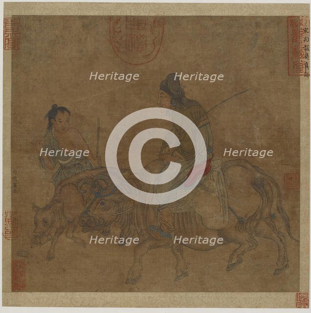 Old woman on ox, with herd-boy and calf, Possibly Ming dynasty, 1368-1644. Creator: Unknown.