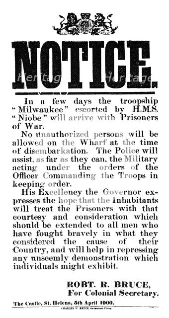 Notice of the arrival of Boer prisoners of war on the 'Milwaukee', St Helena, 5th April 1900. Artist: Unknown