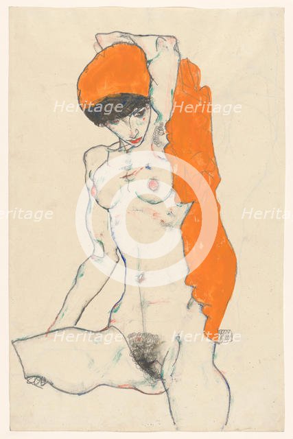 Standing Nude with Orange Drapery, 1914. Creator: Schiele, Egon (1890-1918).