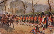 Dipping the Colours to Royalty, the Gordon Highlanders lining Constitution Hill, 1932. Creator: Harry Payne.