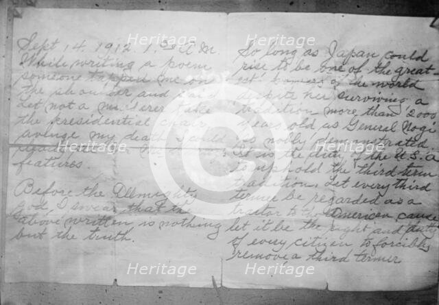 Schrank's writing, 1912. Creator: Bain News Service.