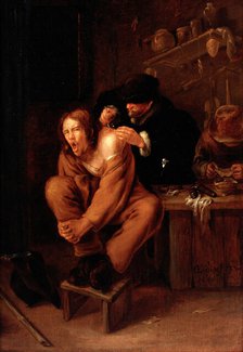 A surgeon applying medicine to a wound in the shoulder of a man in pain, 1649. Creator: Gerrit Lundens.