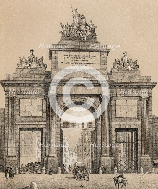 Door of Toledo in Madrid, conceived as a triumphal arch dedicated to King Ferdinand VII, built in…