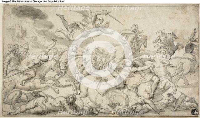 Battle Scene with Horsemen Fleeing from Avenging Angel, c. 1650. Creator: Dirck Hals.