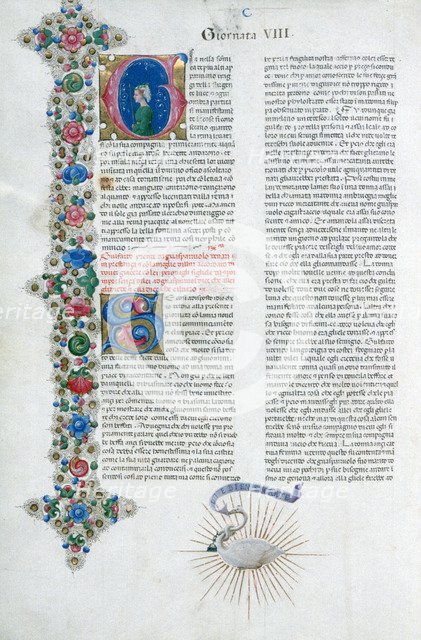 Illuminated manuscript page from Decameron, by Giovanni Boccaccio, Italian, c1467.  Artist: Taddeo Crivelli