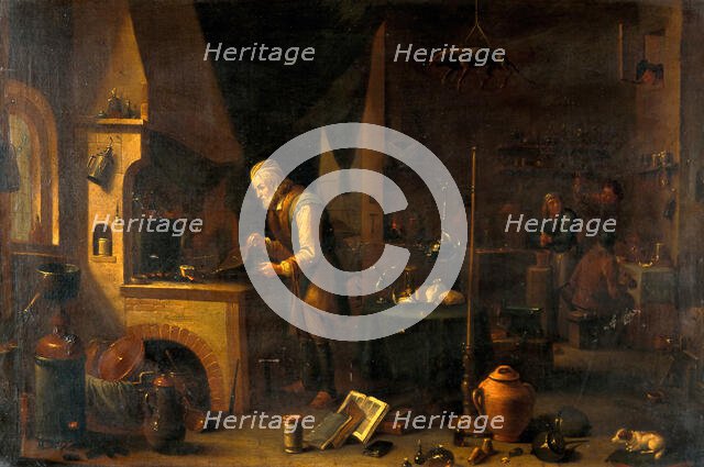An alchemist in his laboratory, c1680s. Creator: Follower of David Teniers II.
