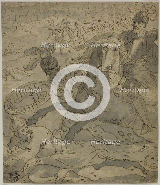 Battle Scene with Charging General on Horseback in Foreground, Artillery and Cannons in Ba..., n.d. Creator: Unknown.