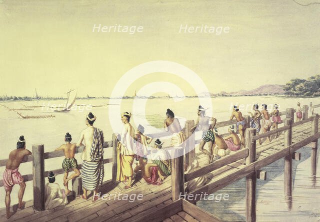Umeerapoora, from the long wooden Bridge, crossing the Lake Toung-ummah, 1855. Creator: Colesworthy Grant.