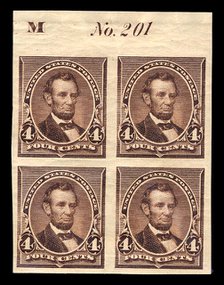 4c Abraham Lincoln proof plate block of four, June 2, 1890. Creator: American Bank Note Company.