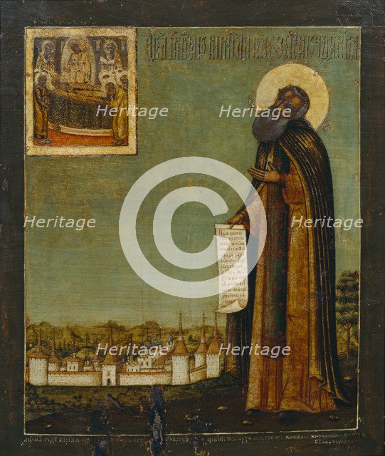 Saint Cyril of White Lake with View of the Kirillo-Belozersky Monastery, 18th century. Artist: Russian icon  