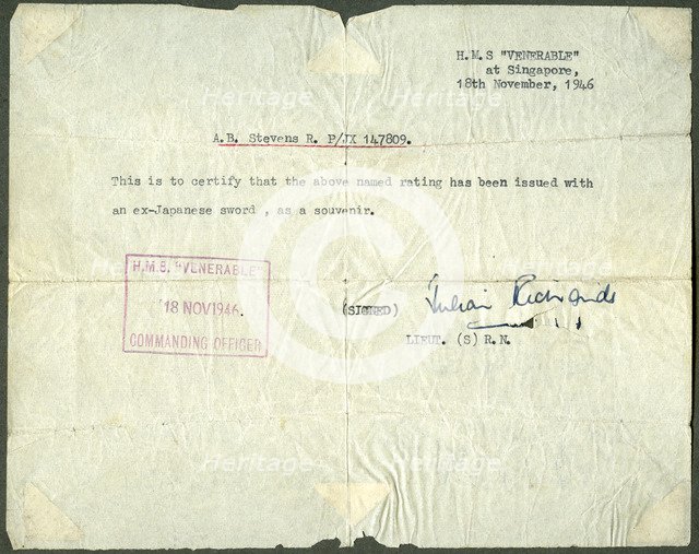 Receipt for a ex-Japanese sword, HMS 'Venerable', Singapore, 1946. Artist: Unknown
