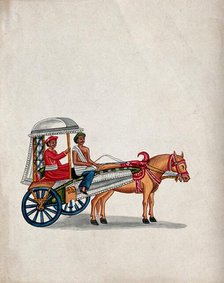 A man sitting in a small carriage pulled by a horse, (between 1800 and 1899?). Creator: Unknown.