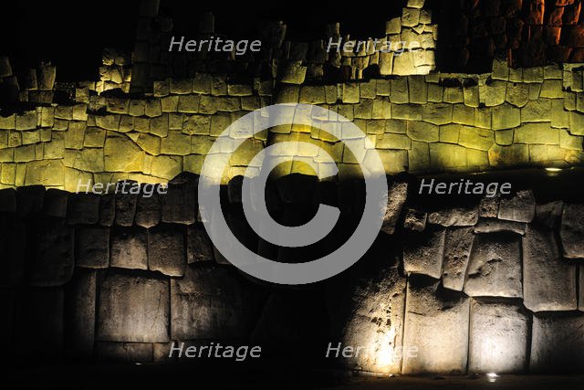 Night view of Sacsahuaman Fortress with lighting, Cusco, Peru, 2015. Creator: Luis Rosendo.